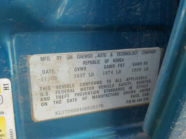 KL1TD66E49B625176 - 2009 CHEVROLET AVEO LS TEAL photo 10