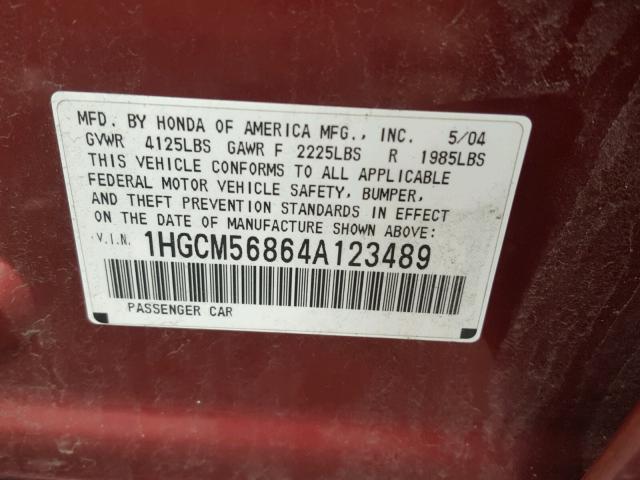 1HGCM56864A123489 - 2004 HONDA ACCORD EX RED photo 10