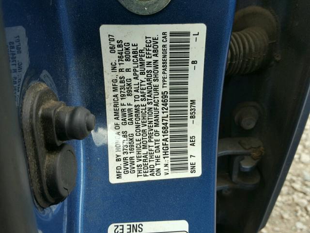 1HGFA16847L124695 - 2007 HONDA CIVIC EX BLUE photo 10