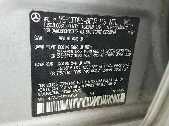 4JGAB72E3YA158964 - 2000 MERCEDES-BENZ ML 430 银色 照片 10