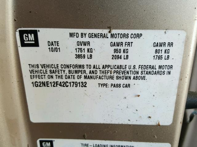 1G2NE12F42C179132 - 2002 PONTIAC GRAND AM S ოქროსფერი ფოტო 10