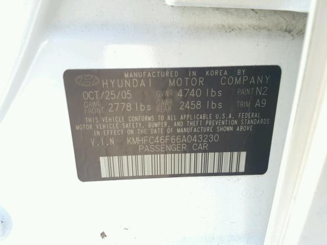 KMHFC46F66A043230 - 2006 HYUNDAI AZERA SE WHITE photo 10