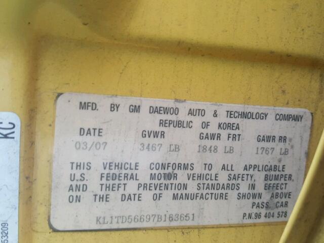 KL1TD56697B163651 - 2007 CHEVROLET AVEO BASE Sarı foto 10