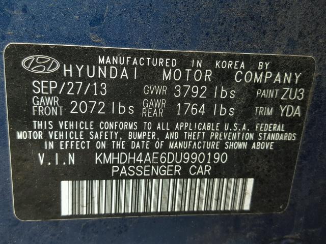 KMHDH4AE6DU990190 - 2013 HYUNDAI ELANTRA GL BLUE photo 10