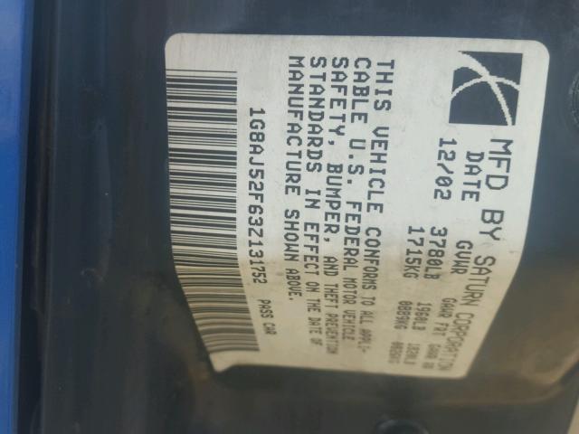 1G8AJ52F63Z131752 - 2003 SATURN ION LEVEL BLUE photo 10