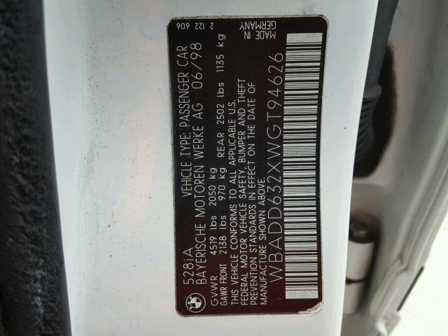 WBADD632XWGT94626 - 1998 BMW 528 I AUTO WHITE photo 10