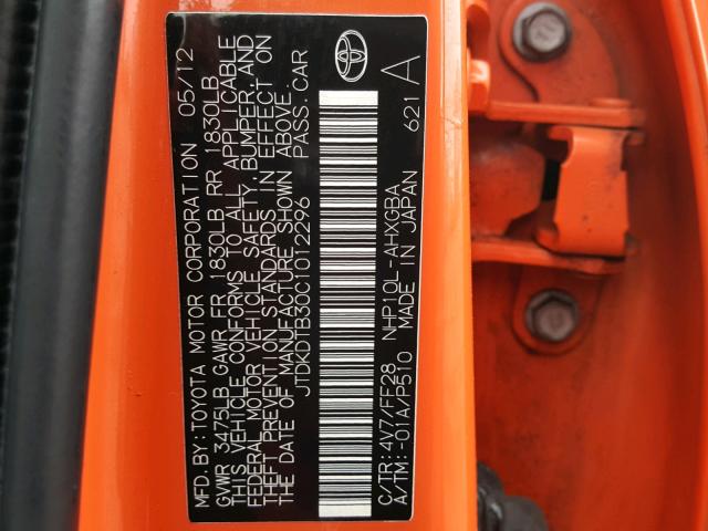 JTDKDTB30C1012296 - 2012 TOYOTA PRIUS C ORANGE photo 10