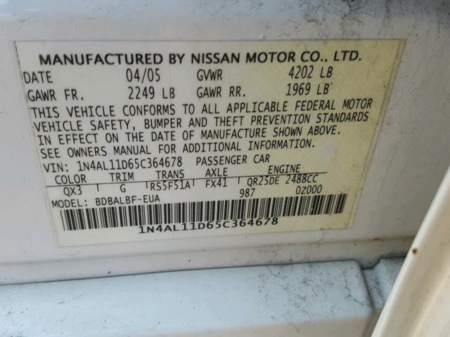 1N4AL11D65C364678 - 2005 NISSAN ALTIMA S WHITE photo 10