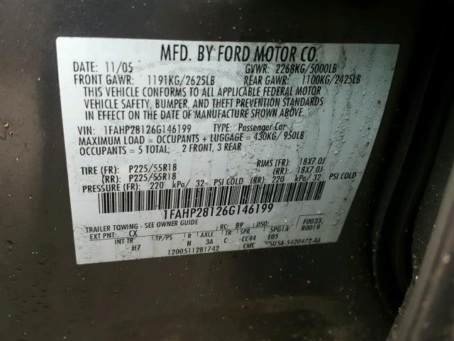 1FAHP28126G146199 - 2006 FORD FIVE HUNDR GRAY photo 10