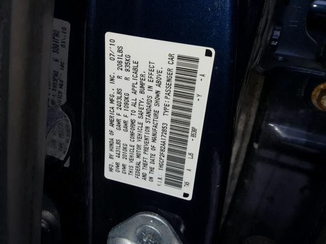 1HGCP2F82AA172853 - 2010 HONDA ACCORD EXL BLUE photo 10