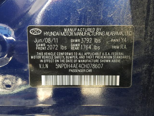 5NPDH4AE4CH078607 - 2012 HYUNDAI ELANTRA GL BLUE photo 10