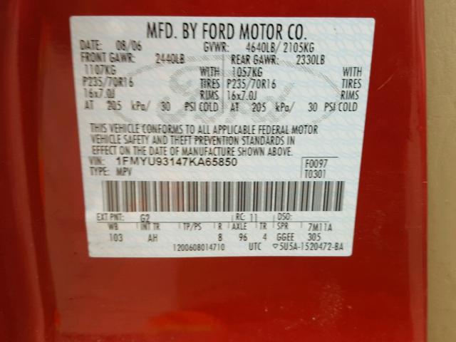 1FMYU93147KA65850 - 2007 FORD ESCAPE XLT RED photo 10