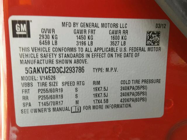 5GAKVCED3CJ293786 - 2012 BUICK ENCLAVE RED photo 10