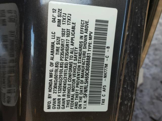 5FNRL5H69CB088881 - 2012 HONDA ODYSSEY EX GRAY photo 10