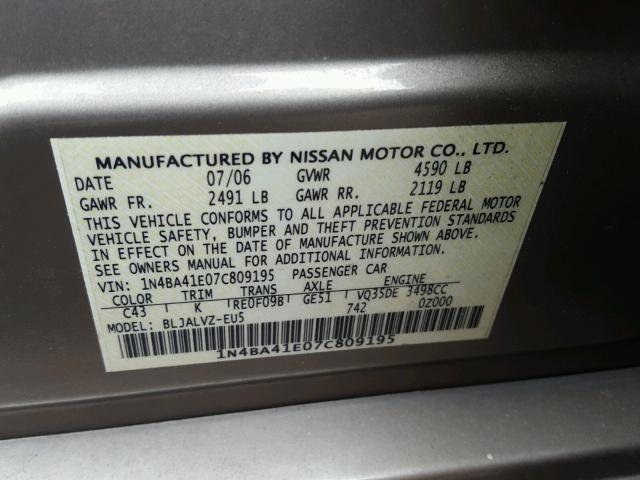 1N4BA41E07C809195 - 2007 NISSAN MAXIMA SE GOLD photo 10