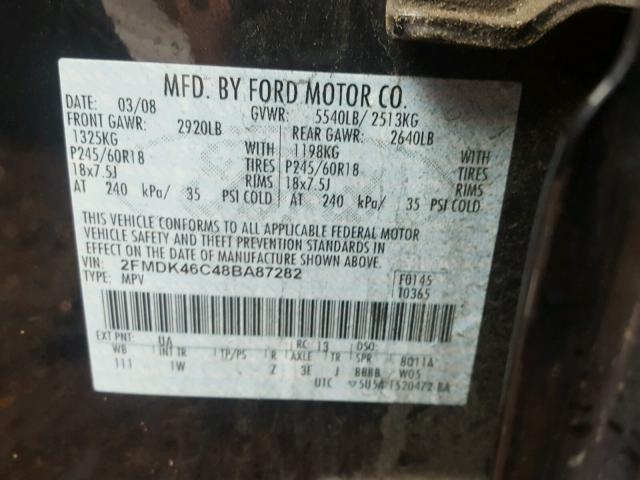 2FMDK46C48BA87282 - 2008 FORD EDGE SE BLACK photo 10