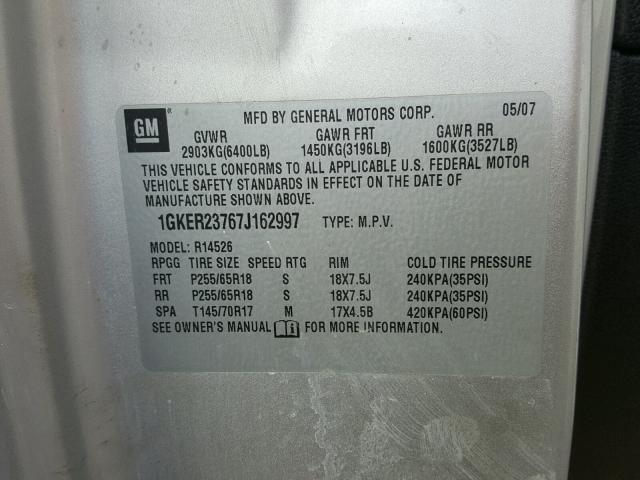 1GKER23767J162997 - 2007 GMC ACADIA SLT ვერცხლისფერი ფოტო 10