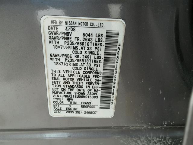 JN8AZ18U09W015393 - 2009 NISSAN MURANO S GRAY photo 10