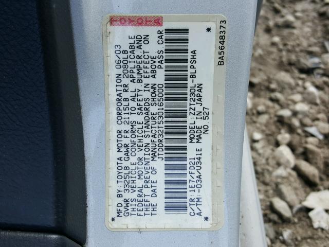 JTDDR32T530165000 - 2003 TOYOTA CELICA GT SILVER photo 10