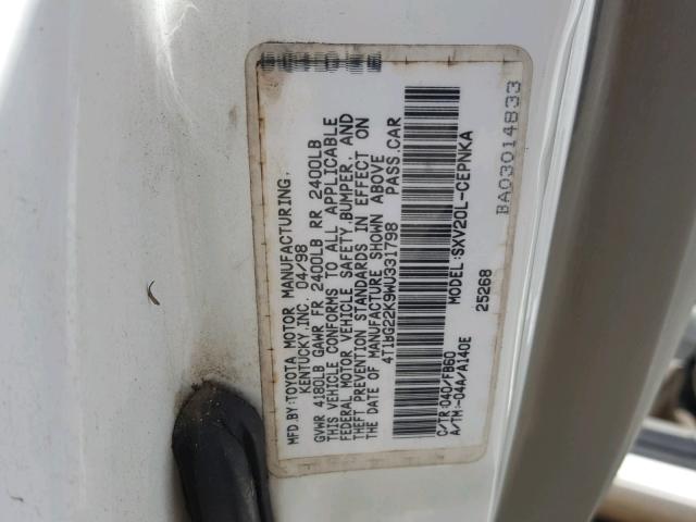 4T1BG22K9WU331798 - 1998 TOYOTA CAMRY CE WHITE photo 10