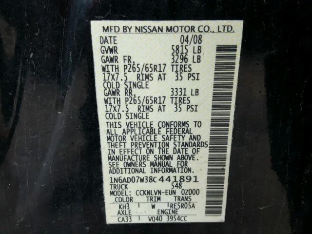 1N6AD07W38C441891 - 2008 NISSAN FRONTIER C BLACK photo 10