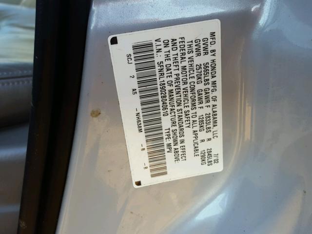 5FNRL18902B040610 - 2002 HONDA ODYSSEY EX SILVER photo 10