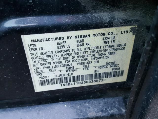 1N4BL11D33C336872 - 2003 NISSAN ALTIMA SE BLACK photo 10