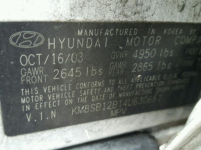 KM8SB12B14U630661 - 2004 HYUNDAI SANTA FE G WHITE photo 10