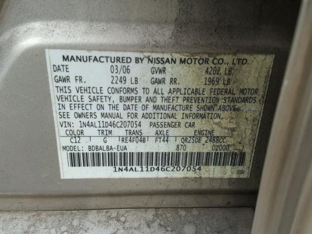 1N4AL11D46C207054 - 2006 NISSAN ALTIMA S GOLD photo 10