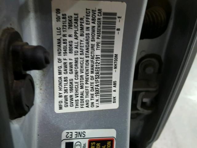 19XFA1F52AE012191 - 2010 HONDA CIVIC LX SILVER photo 10