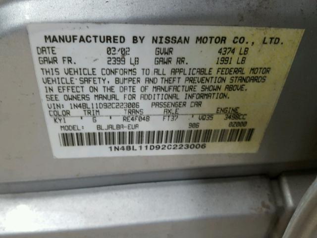 1N4BL11D92C223006 - 2002 NISSAN ALTIMA SE SILVER photo 10