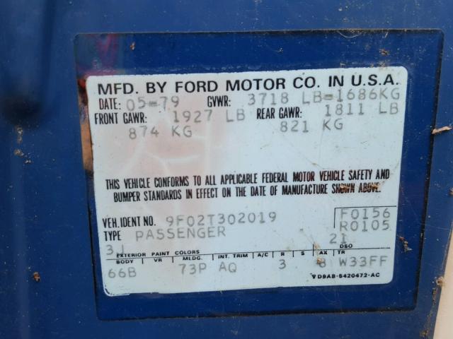 9F02T302019 - 1979 FORD MUSTANG BLUE photo 10