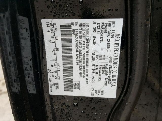 1FMZU74K23UA94519 - 2003 FORD EXPLORER E BLACK photo 10