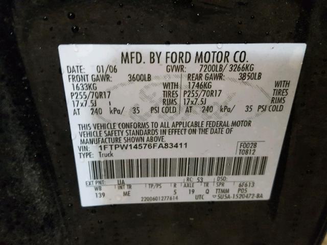 1FTPW14576FA83411 - 2006 FORD F150 SUPER BLACK photo 10