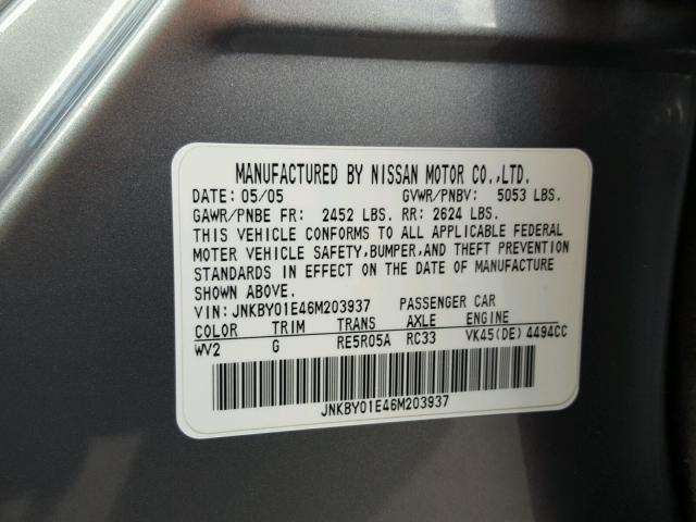 JNKBY01E46M203937 - 2006 INFINITI M45 BASE GRAY photo 10