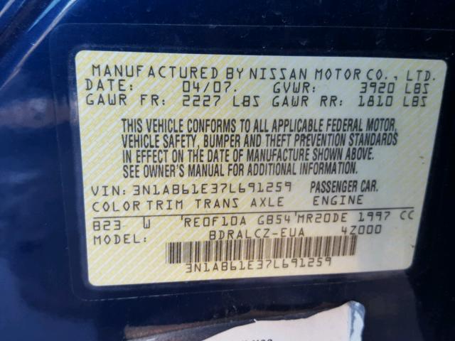 3N1AB61E37L691259 - 2007 NISSAN SENTRA 2.0 BLUE photo 10