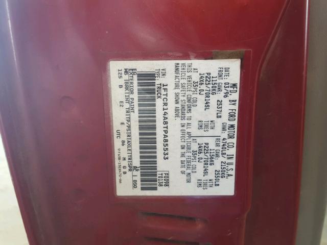 1FTCR14A8TPA85533 - 1996 FORD RANGER SUP RED photo 10