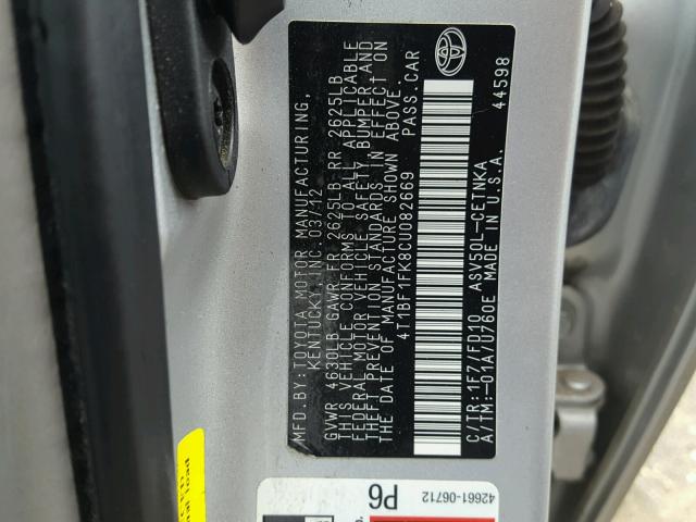 4T1BF1FK8CU082669 - 2012 TOYOTA CAMRY BASE SILVER photo 10