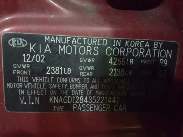 KNAGD128435221441 - 2003 KIA OPTIMA BURGUNDY photo 10