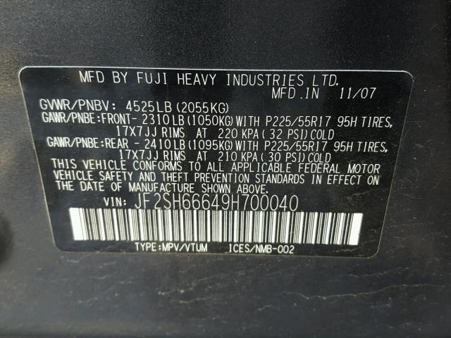 JF2SH66649H700040 - 2009 SUBARU FORESTER 2 GRAY photo 10