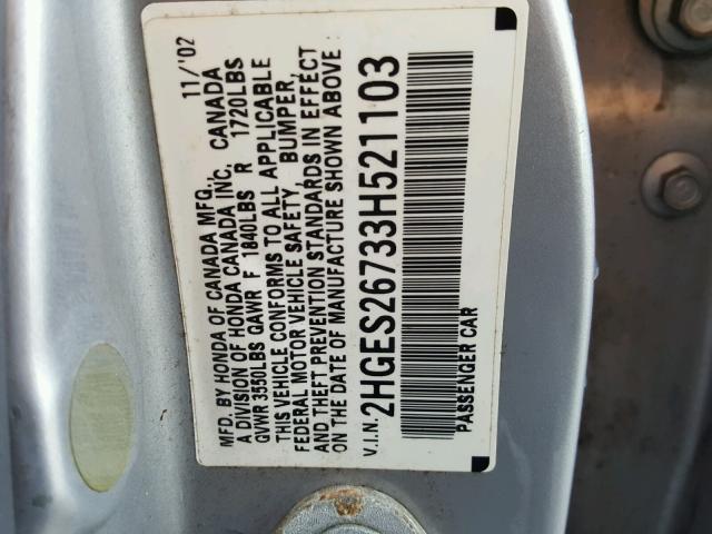 2HGES26733H521103 - 2003 HONDA CIVIC EX ვერცხლისფერი ფოტო 10