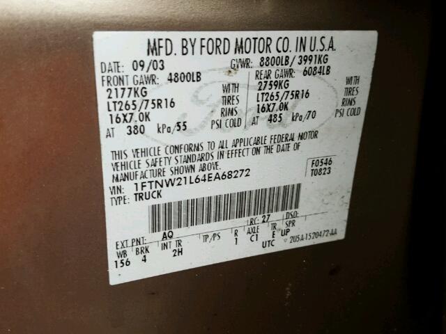 1FTNW21L64EA68272 - 2004 FORD F250 SUPER BROWN photo 10