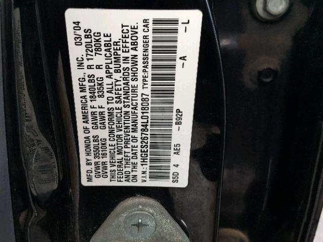 1HGES26784L018087 - 2004 HONDA CIVIC EX BLACK photo 10