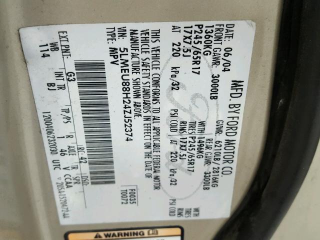 5LMEU88H24ZJ52374 - 2004 LINCOLN AVIATOR 金色 照片 10