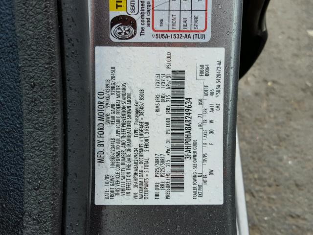 3FAHP0HA8AR249634 - 2010 FORD FUSION SE CHARCOAL photo 10