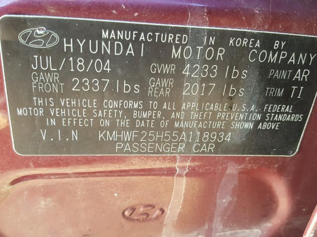 KMHWF25H55A118934 - 2005 HYUNDAI SONATA GL BURGUNDY photo 10