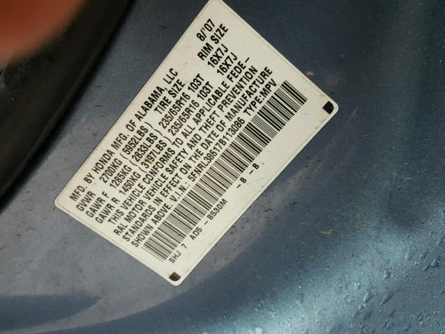 5FNRL38617B113086 - 2007 HONDA ODYSSEY EX BLUE photo 10