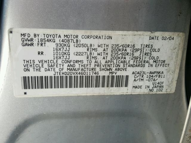 JTEHD20VX46011746 - 2004 TOYOTA RAV4 SILVER photo 10