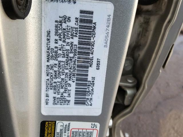 4T1BE32K94U799913 - 2004 TOYOTA CAMRY LE SILVER photo 10