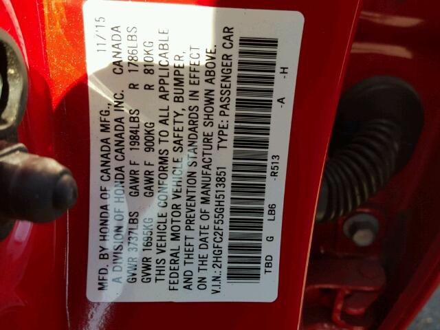 2HGFC2F55GH513851 - 2016 HONDA CIVIC LX RED photo 10